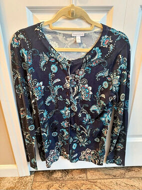 Charter Club Paisley Long Sleeve Top in Blue & Black Medium
